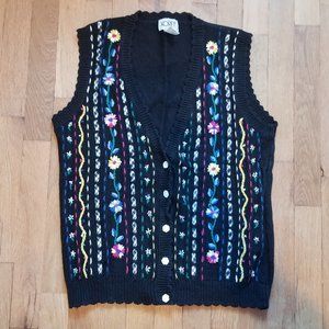 Vintage Cottagecore Floral Embroidered Sweater Vest Cardigan Boho Chic 90's